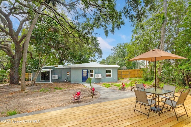 deck with outdoor dining area and fence