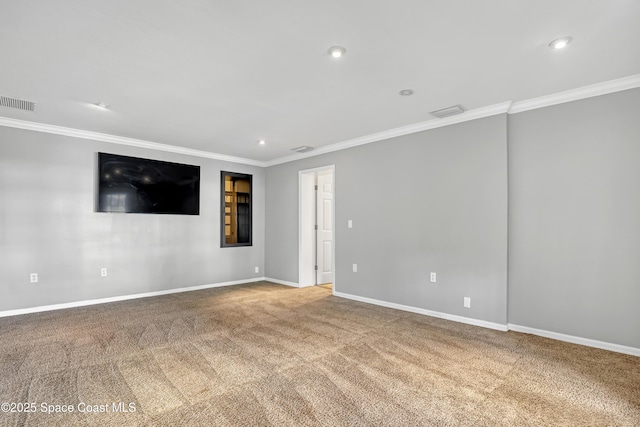 unfurnished room featuring ornamental molding, carpet flooring, baseboards, and recessed lighting