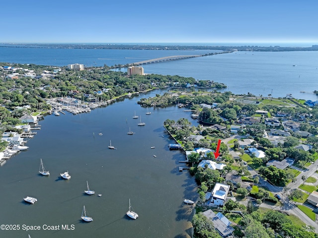 aerial view of a large body of water and a notable bridge