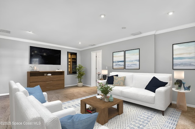 carpeted living room featuring baseboards, recessed lighting, and ornamental molding