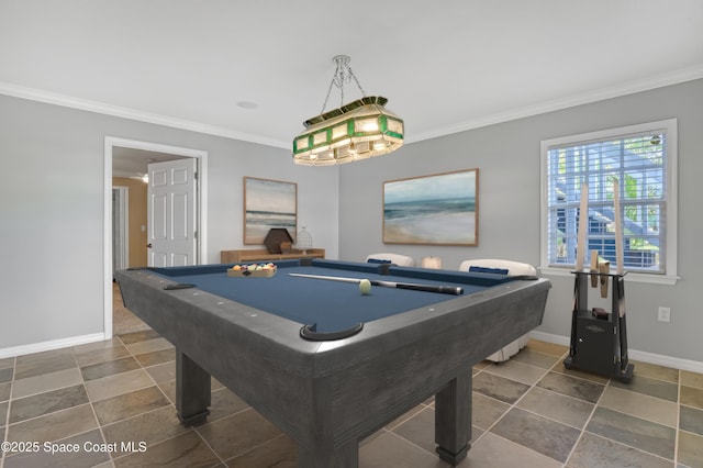 playroom with ornamental molding, baseboards, and billiards
