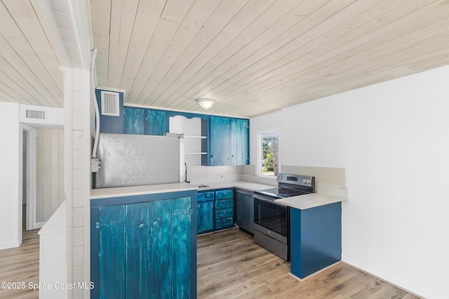 kitchen featuring a sink, blue cabinets, light wood-style floors, and stainless steel electric range