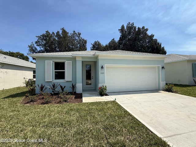 single story home with concrete driveway, stucco siding, an attached garage, a front lawn, and a shingled roof