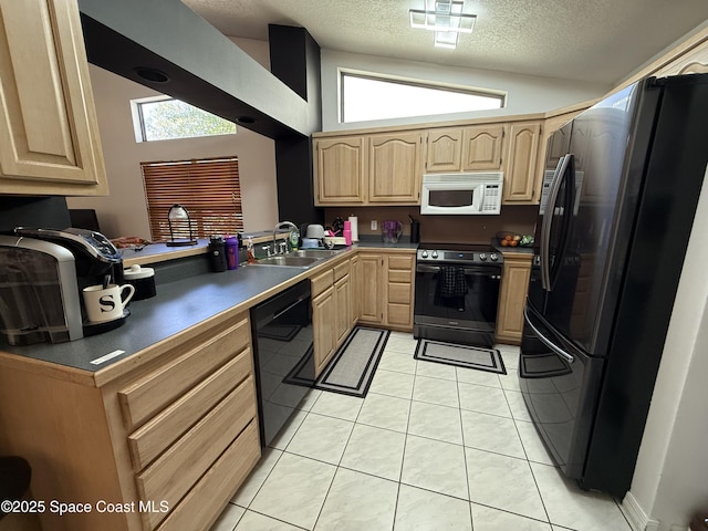 kitchen featuring a sink, black appliances, plenty of natural light, and light brown cabinets