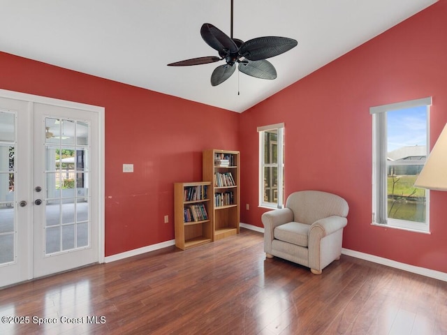 344 Concha Dr, Sebastian, FL 32958 - sitting room with baseboards, ceiling fan, wood finished floors, french doors, and lofted ceiling