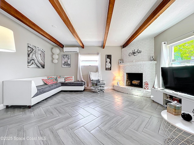1760 Tee Dee Ln, Titusville, FL 32780 - living room with a textured ceiling, a wealth of natural light, beamed ceiling, and a brick fireplace