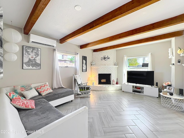 1760 Tee Dee Ln, Titusville, FL 32780 - living area featuring beam ceiling, a brick fireplace, an AC wall unit, and a textured ceiling