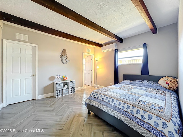 1760 Tee Dee Ln, Titusville, FL 32780 - bedroom featuring a textured ceiling, visible vents, baseboards, beam ceiling, and a wall unit AC
