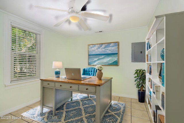office with electric panel, light tile patterned floors, visible vents, ceiling fan, and ornamental molding