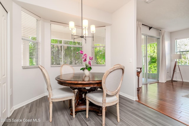 dining area with wood finished floors, an inviting chandelier, and baseboards