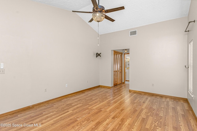 523 Hidden Hollow Dr, Merritt Island, FL 32952 - unfurnished room featuring vaulted ceiling, a textured ceiling, ceiling fan, light wood-style flooring, and visible vents
