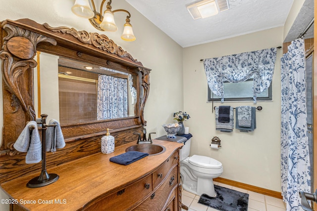 523 Hidden Hollow Dr, Merritt Island, FL 32952 - bathroom featuring toilet, a shower with shower curtain, a textured ceiling, tile patterned floors, and visible vents