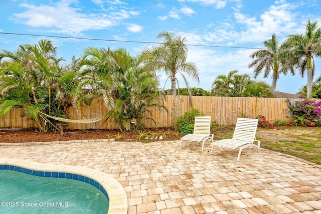 view of swimming pool with a fenced in pool, a patio, and a fenced backyard