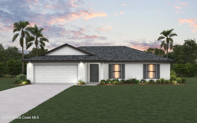 ranch-style house with driveway, an attached garage, a shingled roof, and a lawn