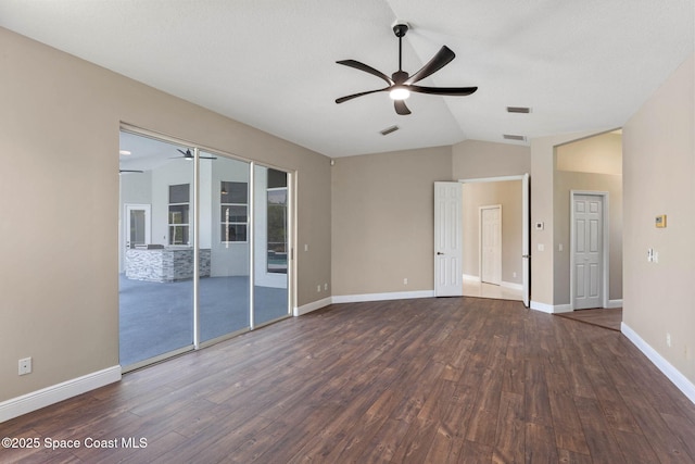 706 Palmer Way, Melbourne, FL 32940 - unfurnished living room with ceiling fan, wood finished floors, lofted ceiling, and baseboards