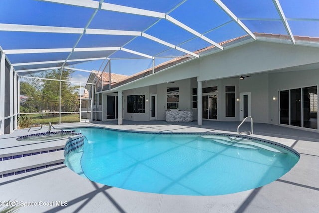 706 Palmer Way, Melbourne, FL 32940 - view of swimming pool featuring ceiling fan, a patio, and glass enclosure