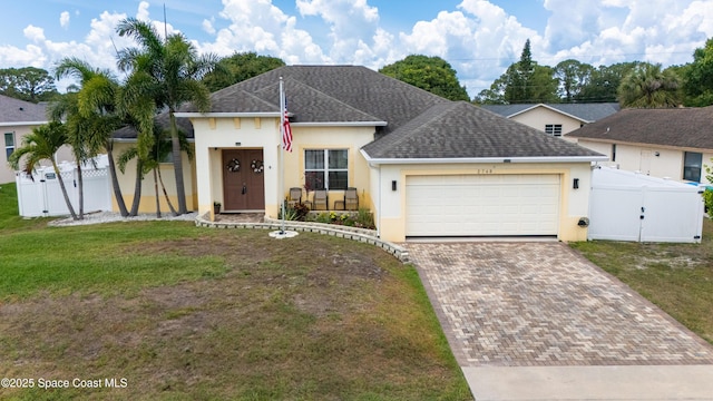 2748 Emerson Dr SE, Palm Bay, FL 32909 - single story home with fence, an attached garage, stucco siding, a front lawn, and decorative driveway