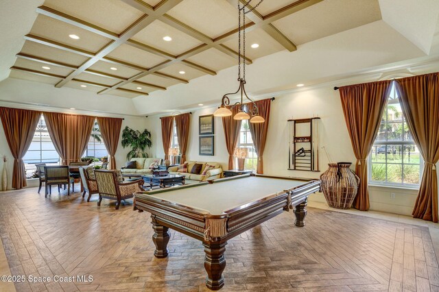 129 Lancha Cir Unit 201, Indian Harbour Beach, FL 32937 - game room featuring beam ceiling, coffered ceiling, billiards, and recessed lighting