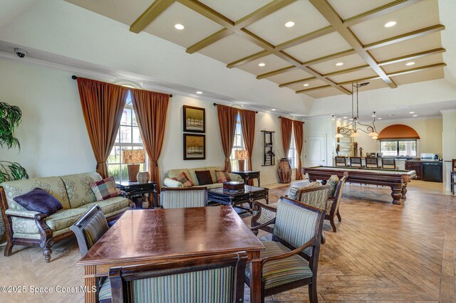 129 Lancha Cir Unit 201, Indian Harbour Beach, FL 32937 - dining room featuring coffered ceiling, recessed lighting, ornamental molding, beam ceiling, and billiards