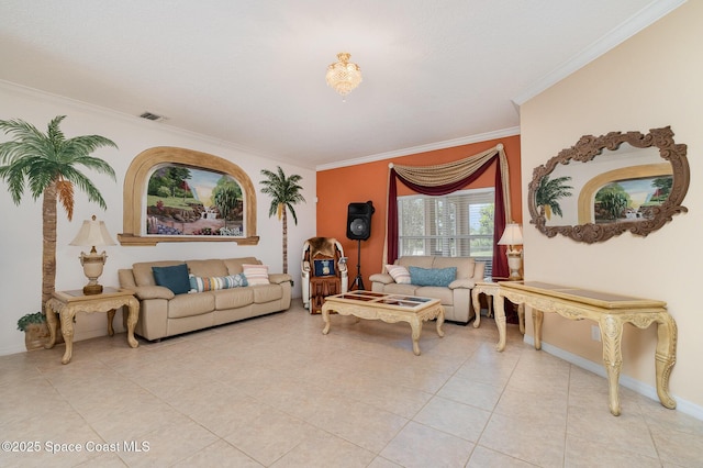 2298 Mantilla Ave SE, Palm Bay, FL 32909 - living area with baseboards, light tile patterned floors, visible vents, and crown molding