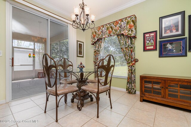 2298 Mantilla Ave SE, Palm Bay, FL 32909 - dining room with baseboards, light tile patterned floors, ornamental molding, and an inviting chandelier