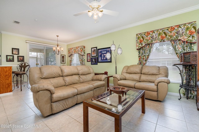 2298 Mantilla Ave SE, Palm Bay, FL 32909 - living room featuring light tile patterned floors, visible vents, crown molding, and ceiling fan with notable chandelier