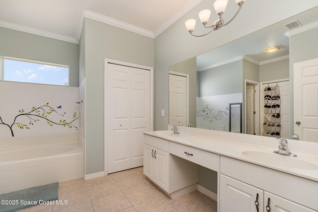 2298 Mantilla Ave SE, Palm Bay, FL 32909 - bathroom with a closet, ornamental molding, a sink, and a garden tub