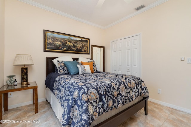 2298 Mantilla Ave SE, Palm Bay, FL 32909 - bedroom with a closet, a ceiling fan, baseboards, visible vents, and ornamental molding