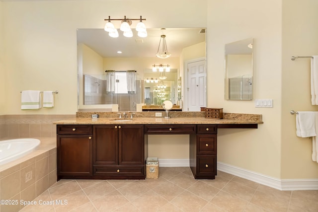 full bathroom with a bath, tiled shower, vanity, tile patterned floors, and baseboards