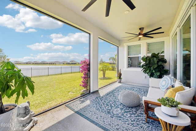 2257 Kamin Dr, Melbourne, FL 32940 - sunroom / solarium featuring an outdoor living space, a ceiling fan, and a water view