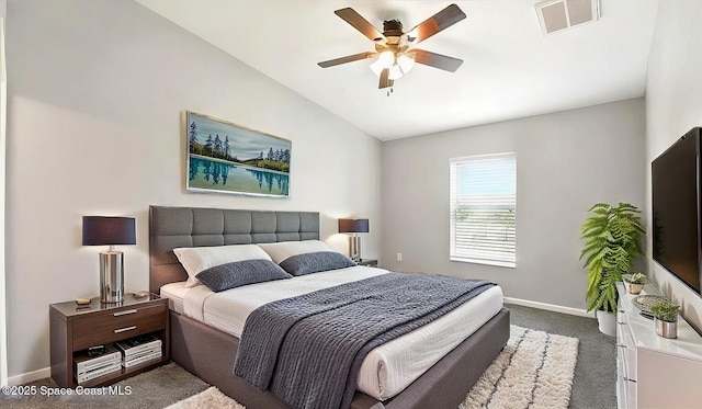 bedroom featuring visible vents, baseboards, ceiling fan, carpet, and lofted ceiling