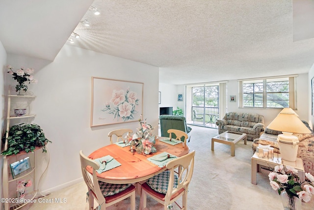 dining area featuring a textured ceiling, light colored carpet, baseboards, and rail lighting
