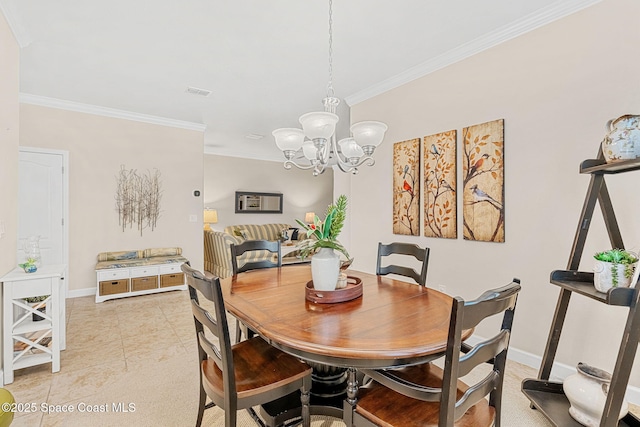 dining space featuring a chandelier, crown molding, light tile patterned flooring, and visible vents