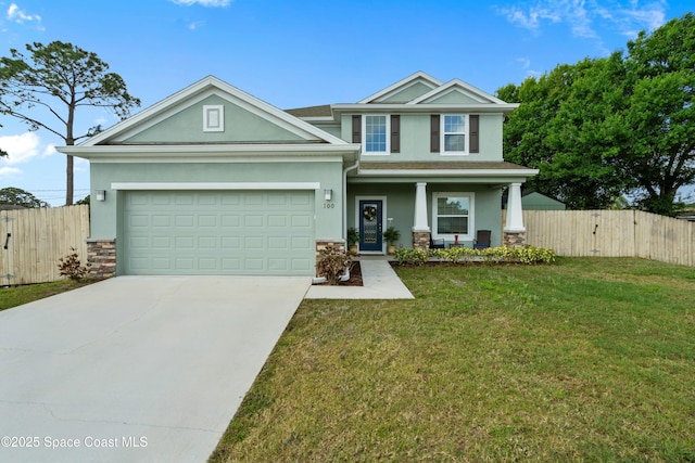 craftsman inspired home with fence, driveway, stucco siding, and stone siding
