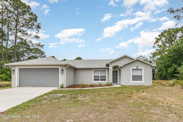 ranch-style home with a front lawn, driveway, a garage, stucco siding, and roof with shingles