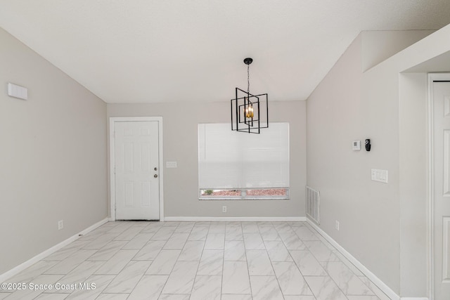 unfurnished dining area with baseboards, visible vents, and a chandelier
