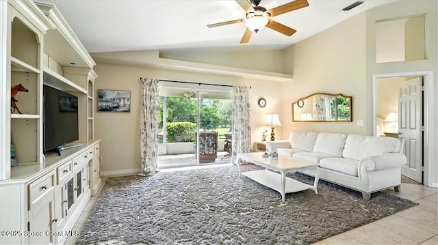 living room featuring light tile patterned flooring, ceiling fan, visible vents, and vaulted ceiling