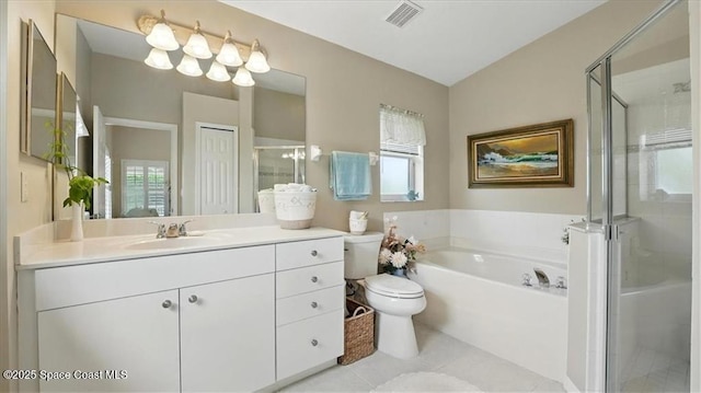 full bath with vanity, toilet, a shower stall, visible vents, and a bath