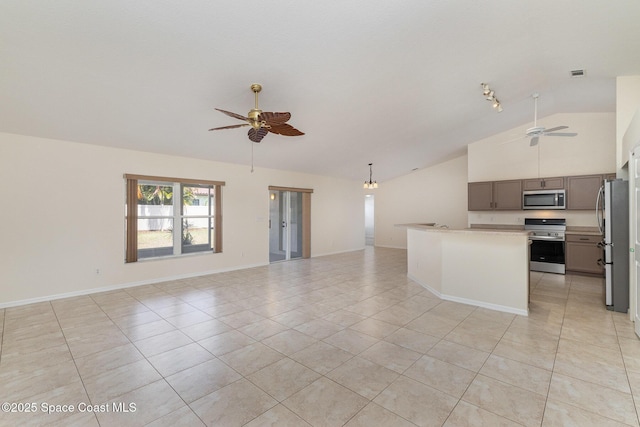 unfurnished living room featuring vaulted ceiling, visible vents, light tile patterned floors, baseboards, and ceiling fan