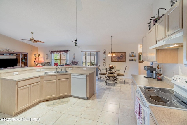 6109 Meghan Dr, Melbourne, FL 32940 - kitchen featuring white appliances, under cabinet range hood, a sink, ceiling fan, and open floor plan