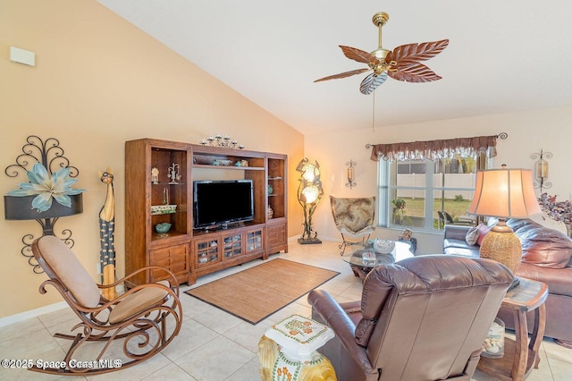 6109 Meghan Dr, Melbourne, FL 32940 - tiled living area with lofted ceiling, a ceiling fan, and baseboards