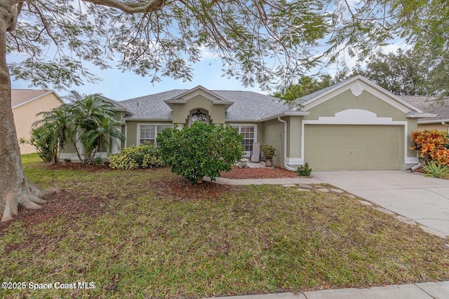 6109 Meghan Dr, Melbourne, FL 32940 - single story home featuring stucco siding, driveway, a garage, a shingled roof, and a front yard