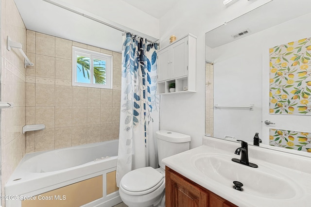 3210 Calgary St, Melbourne, FL 32935 - full bathroom with vanity, shower / bath combo with shower curtain, visible vents, and toilet