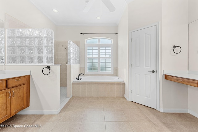 full bathroom featuring crown molding, ceiling fan, walk in shower, a garden tub, and tile patterned flooring