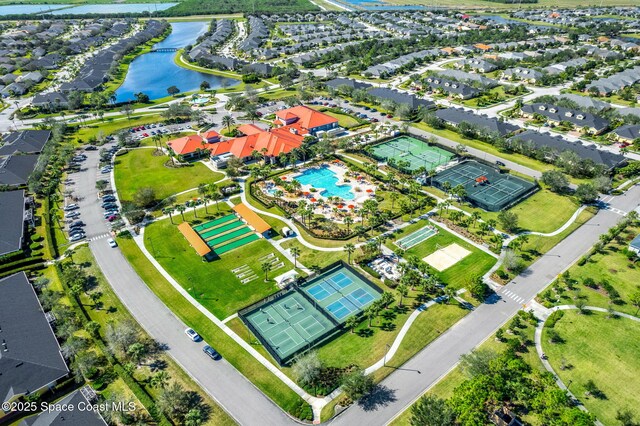 drone / aerial view featuring a water view