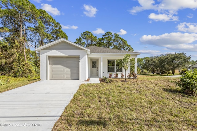 view of front of home featuring driveway, a front yard, an attached garage, and stucco siding