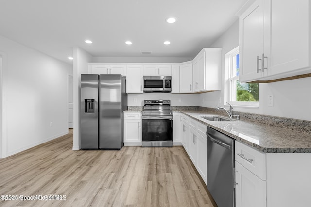 kitchen with white cabinetry, stainless steel appliances, a sink, light wood-style floors, and visible vents