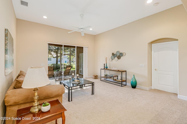 2842 Galindo Cir, Melbourne, FL 32940 - living room featuring recessed lighting, baseboards, carpet floors, ceiling fan, and visible vents