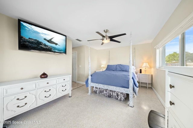 1117 Cheyenne Dr, Indian Harbour Beach, FL 32937 - bedroom featuring baseboards, visible vents, light speckled floor, and a ceiling fan