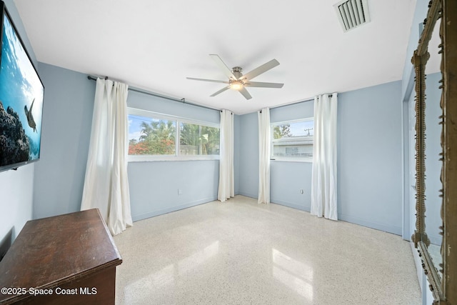 1117 Cheyenne Dr, Indian Harbour Beach, FL 32937 - unfurnished bedroom featuring speckled floor, baseboards, visible vents, and a ceiling fan